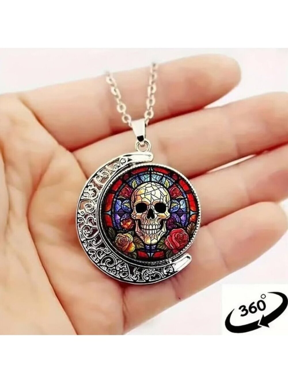 Silver SKULL Rotating Pendant Necklace